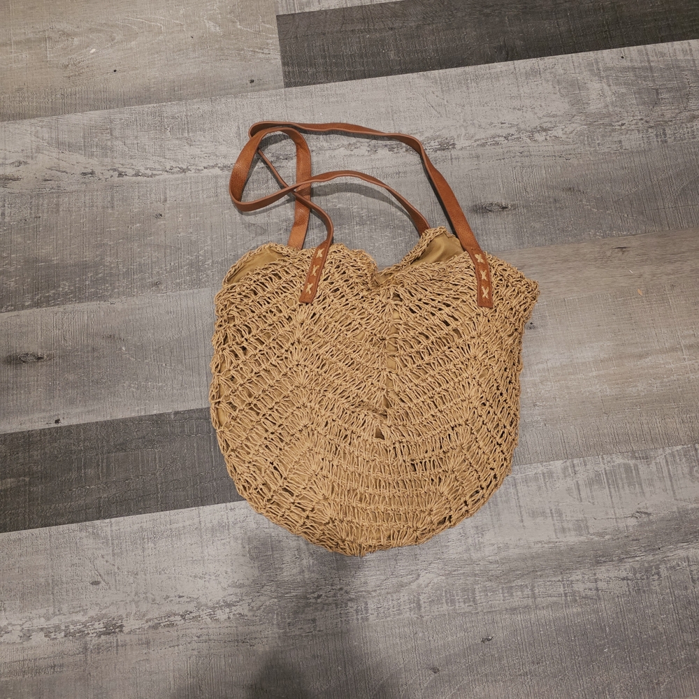 Woven Straw Tote Bag with Brown Leather Straps - Natural